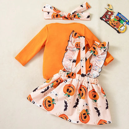 Pumpkin Baby Girl Halloween Outfit | Infant Long Sleeve Bodysuit + Suspender Skirt with Bow | My First Halloween Costume