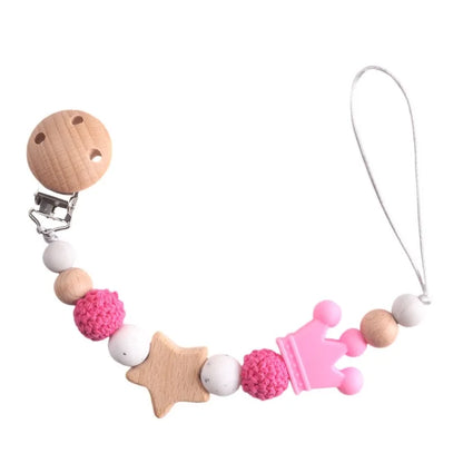 Baby Pacifier Chain Clip | Wooden Pentagram Teether with Silicone Round Beads | Safe Teething Chain & Soother Holder