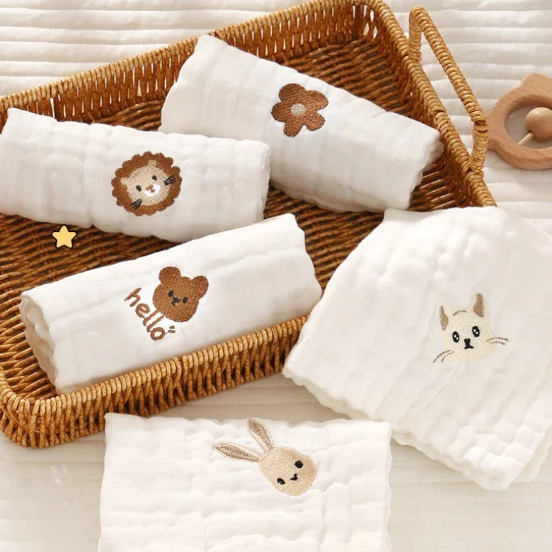 Baby Saliva Towels – 6 Layer Cotton Embroidered Washcloths | Soft Hand & Face Wipes, Burp Cloths, Bibs for Newborns & Toddlers
