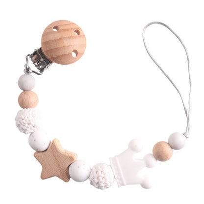 Baby Pacifier Chain Clip | Wooden Pentagram Teether with Silicone Round Beads | Safe Teething Chain & Soother Holder