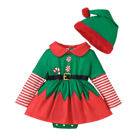 Christmas Baby Outfit | Newborn Santa Claus Costume Set with Green Romper & Elf Hat (2 Pcs, 0–18 Months)