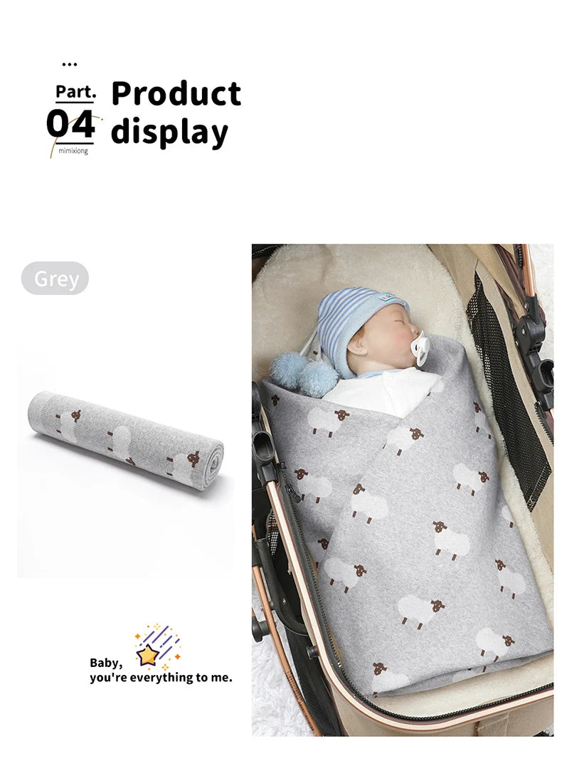 Infant Baby Cotton Blanket 90x70cm – Soft Sleepsack & Swaddle Quilt with Cute Cartoon Sheep | Newborn Boy & Girl Bedding Plaid for Crib & Stroller