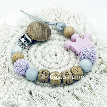 Custom Name Baby Pacifier Clip | Silicone Beads Flower Ring Teething Chain | Eco-Friendly Beech Wood Dummy Holder