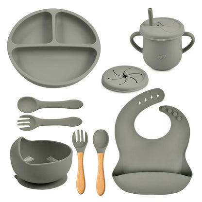 Mother Kids 8PCS Baby Silicone Feeding Set – Bib, Suction Plate, Anti-Slip Bowl, Spoon, Cup & Tableware for Infants & Toddlers