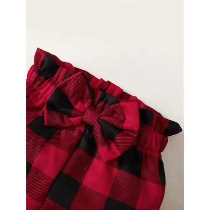 Baby Girl Christmas Outfit 3Pcs Set | Alphabet Print Bodysuit + Red Plaid Pants + Headband (0–18 Months)
