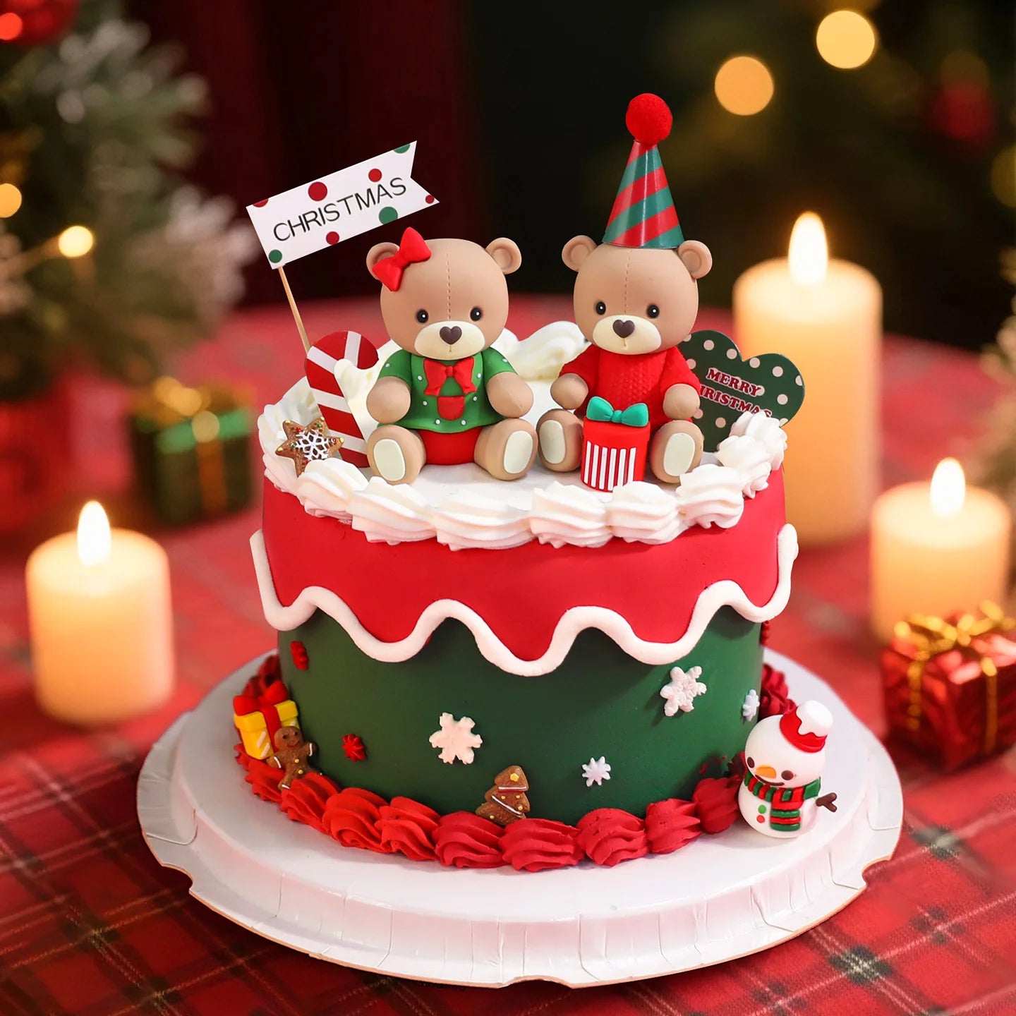 Christmas Cake Topper Set | Bear Doll Ornaments, Red Sweater & Green Shirt, Rainbow Arch & Gift Box | Holiday Party Cake Decorations