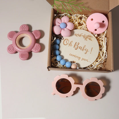 Baby Teether Gift Set – Flower Teething Toy with Pacifier Chain & Baby Sunglasses | Newborn Infant Teether Set for Boys & Girls