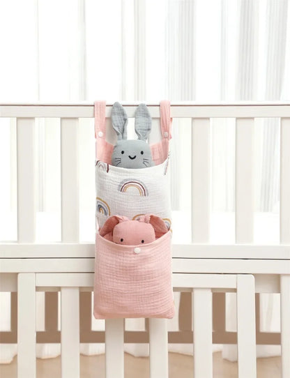 Baby Bed Hanging Storage Bag | Cotton Crib Organizer with Diaper & Toy Pockets | Newborn Bedding Accessories