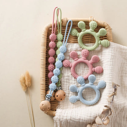 1PC Baby Silicone Teether Toy with Pacifier Chain | BPA-Free Finger Ring Soothing Teething Toy for Newborns & Baby Shower Gifts
