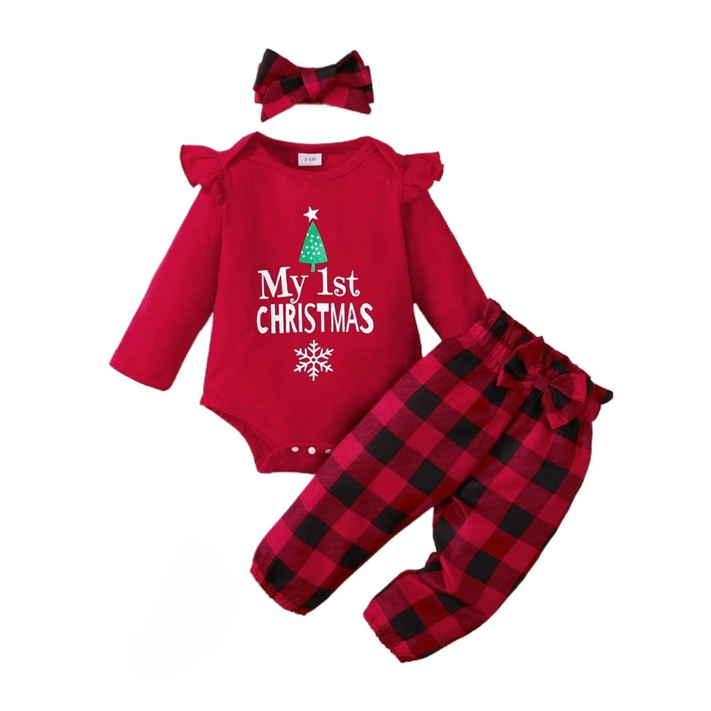 Baby Girl Christmas Outfit 3Pcs Set | Alphabet Print Bodysuit + Red Plaid Pants + Headband (0–18 Months)