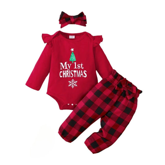 Baby Girl Christmas Outfit 3Pcs Set | Alphabet Print Bodysuit + Red Plaid Pants + Headband (0–18 Months)
