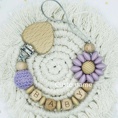 Custom Name Baby Pacifier Clip | Silicone Beads Flower Ring Teething Chain | Eco-Friendly Beech Wood Dummy Holder