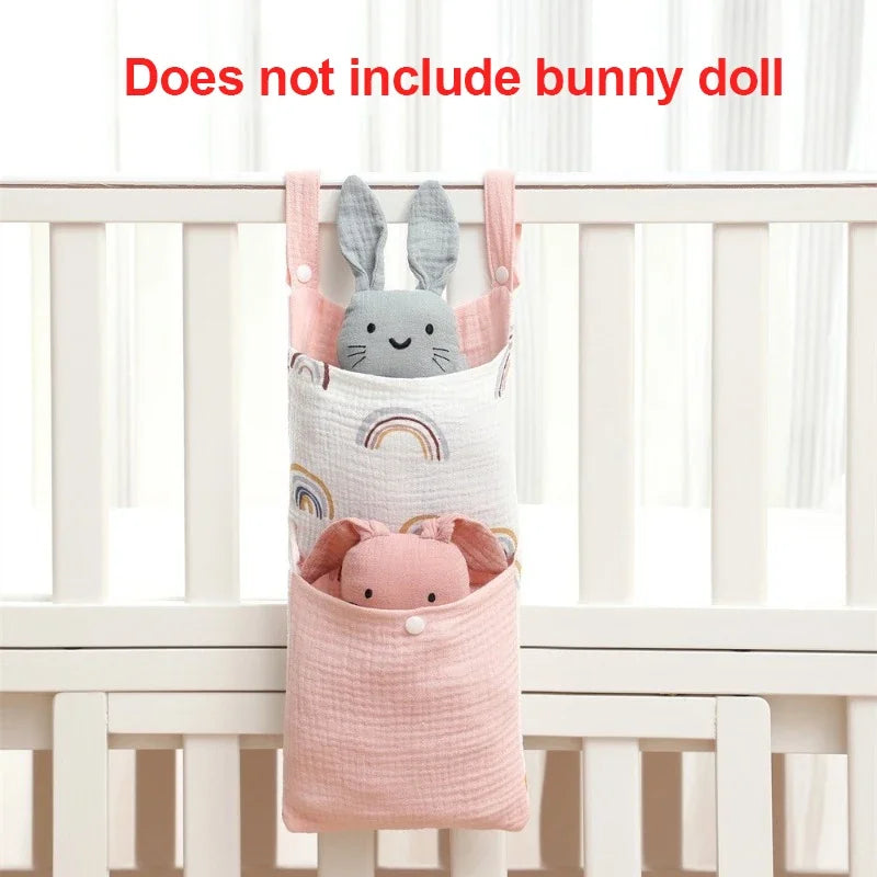Baby Bed Hanging Storage Bag | Cotton Crib Organizer with Diaper & Toy Pockets | Newborn Bedding Accessories