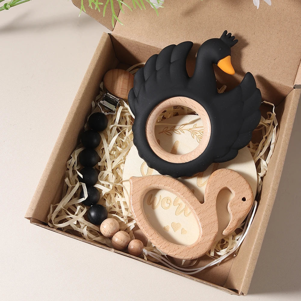 4pcs Baby Gift Set – Swan Teether, Baby Bibs, Flamingo Pacifier Chain & Rattle | Newborn Teething Toy & Photography Props