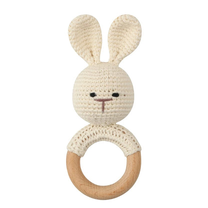 Crochet Bunny Baby Teether & Rattle Set | Beech Wooden Teething Ring + Pacifier Clip | Newborn Montessori Educational Toy