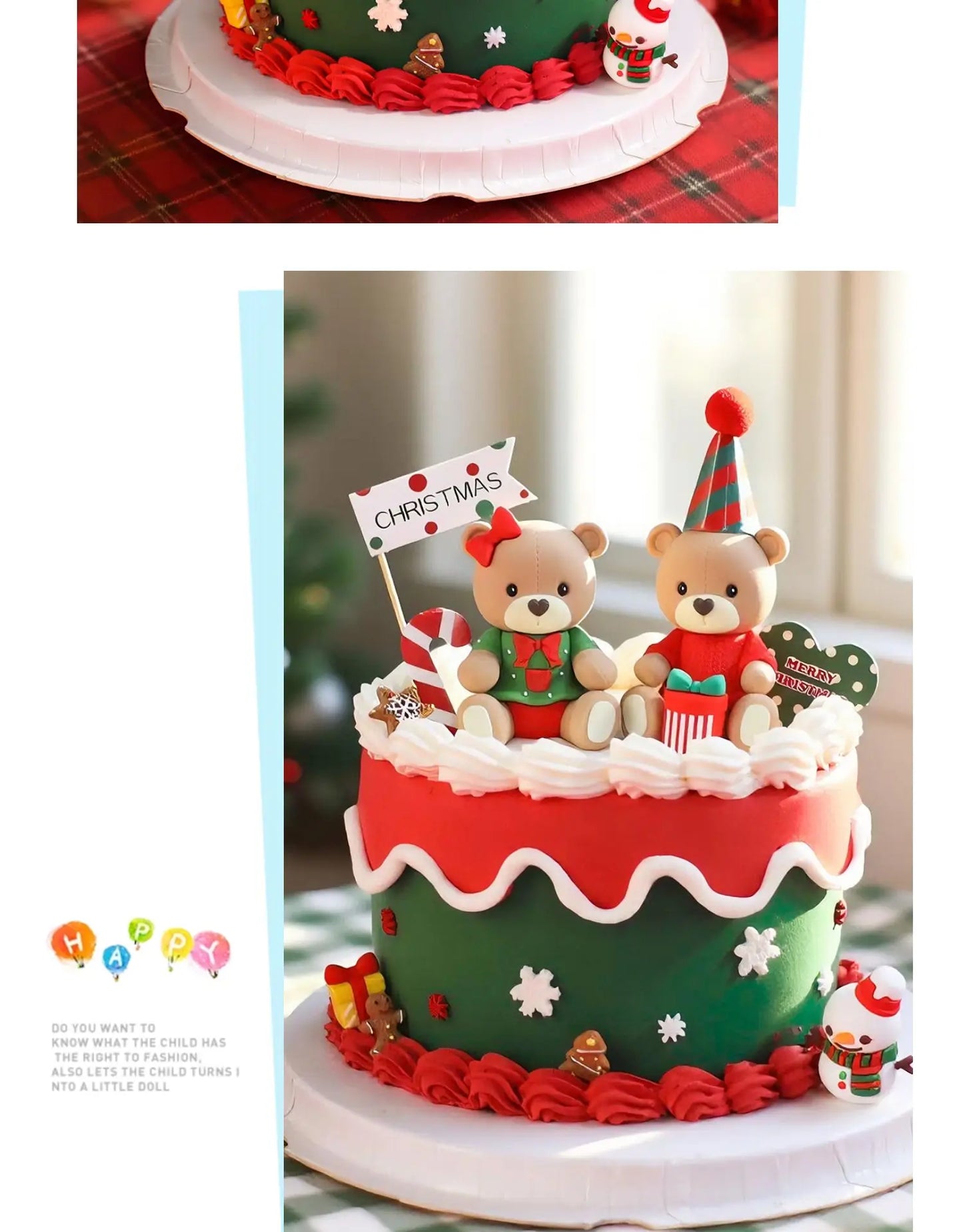 Christmas Cake Topper Set | Bear Doll Ornaments, Red Sweater & Green Shirt, Rainbow Arch & Gift Box | Holiday Party Cake Decorations