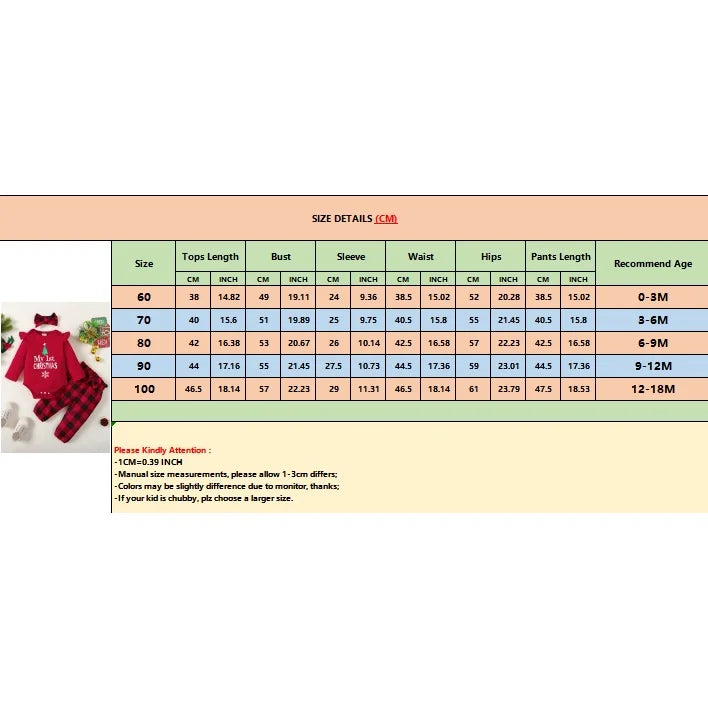 Baby Girl Christmas Outfit 3Pcs Set | Alphabet Print Bodysuit + Red Plaid Pants + Headband (0–18 Months)