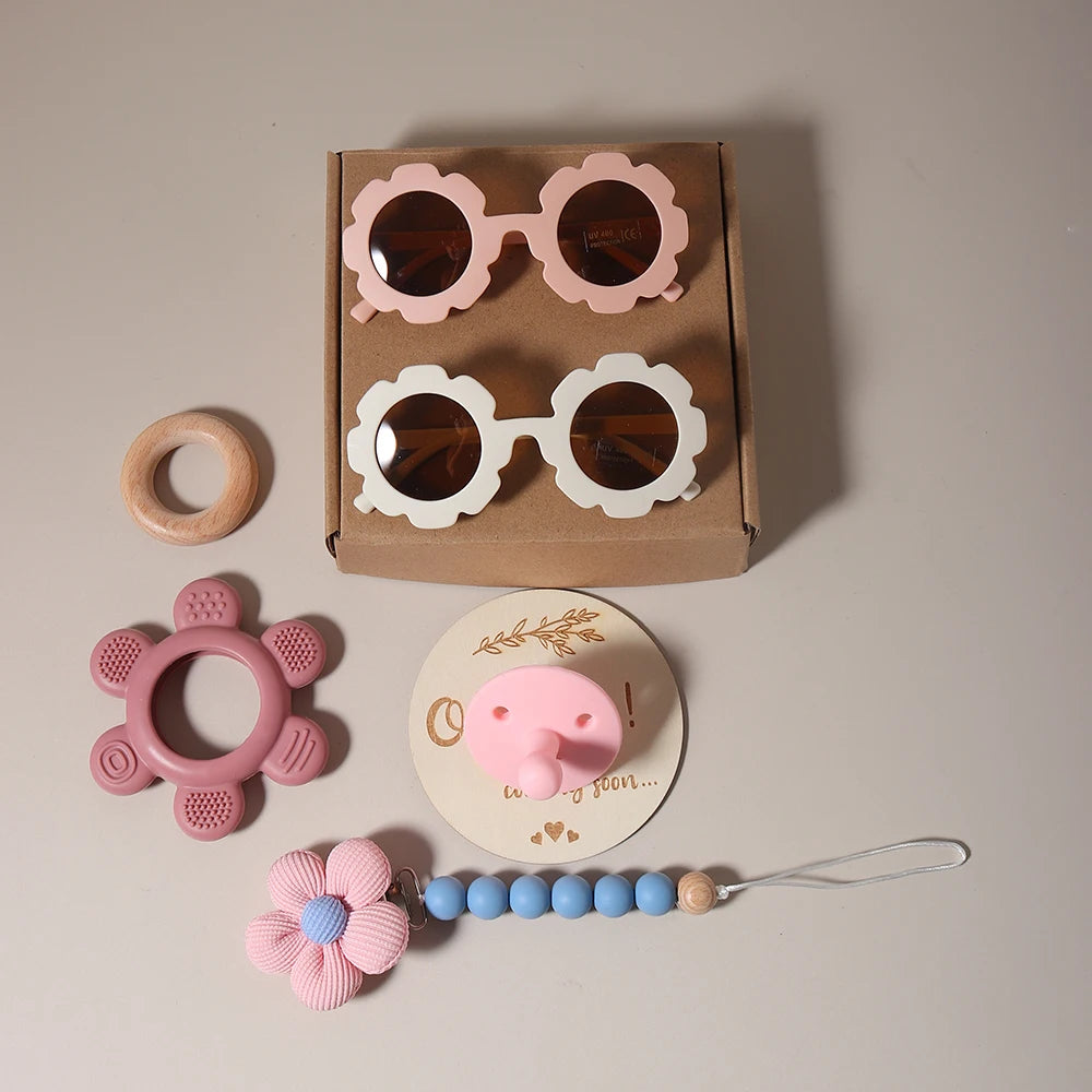 Baby Teether Gift Set – Flower Teething Toy with Pacifier Chain & Baby Sunglasses | Newborn Infant Teether Set for Boys & Girls