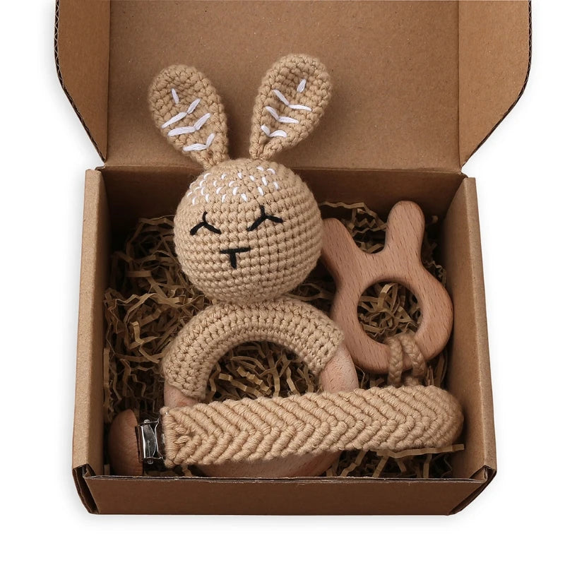 Crochet Bunny Baby Teether & Rattle Set | Beech Wooden Teething Ring + Pacifier Clip | Newborn Montessori Educational Toy