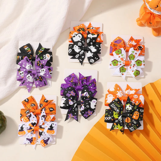 2PCS Baby Girl Halloween Hair Bows | Pumpkin Ghost Print Hair Clips | Toddler Kids Bowknot Hairpins & Accessories