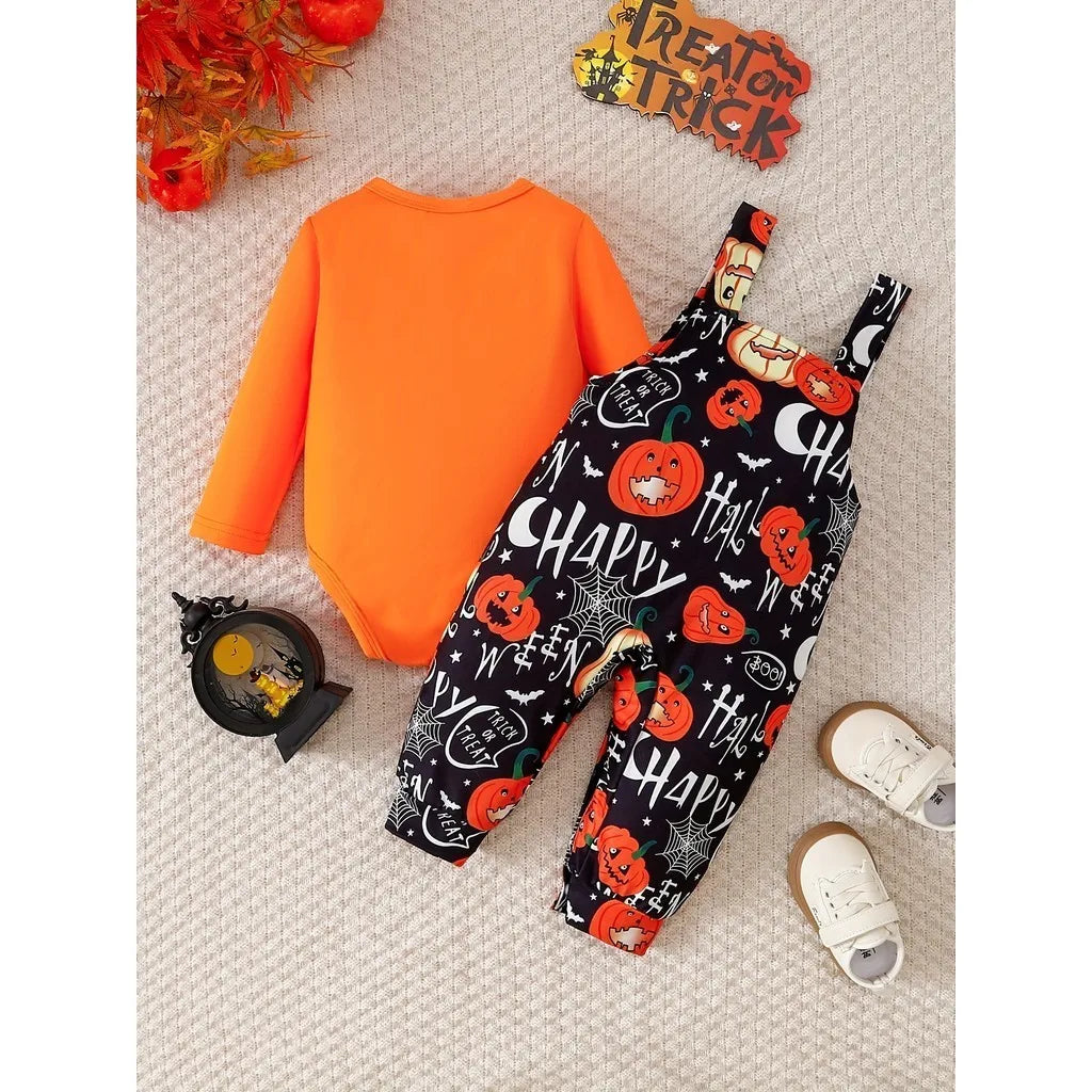 Baby Halloween Outfit 2PCS Set | Pumpkin Romper + Strappy Pants | Infant Boys & Girls Costume Clothes (0–2 Years)