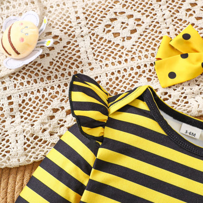 Baby Girl Bee Halloween Costume Set | Infant Romper + Tulle Suspender Dress | Newborn & Toddler Party Outfit