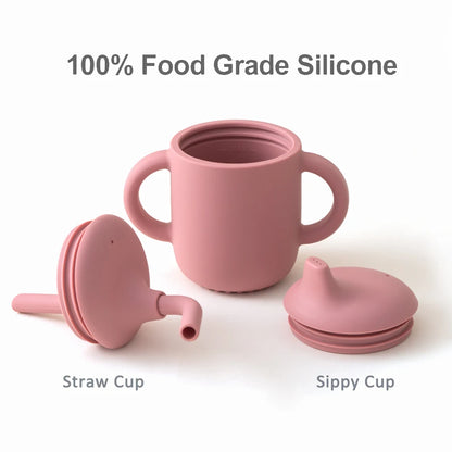 Silicone Baby Sippy Cup with Double Lids – BPA-Free Training Cup for Infants & Toddlers, Portable Feeding Water Bottle