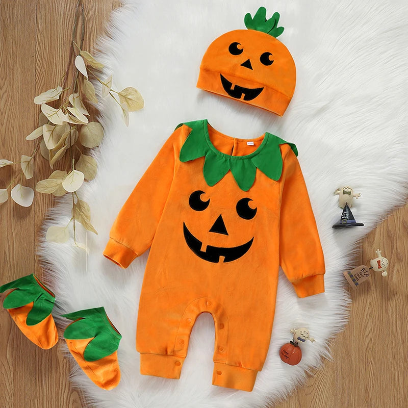 Baby Halloween Pumpkin Costume | Infant Romper 3PCS Onesie Outfit | Newborn Cosplay Party Clothing Set