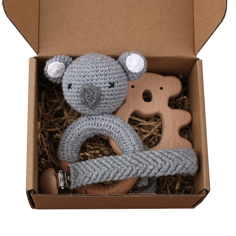 Crochet Bunny Baby Teether & Rattle Set | Beech Wooden Teething Ring + Pacifier Clip | Newborn Montessori Educational Toy
