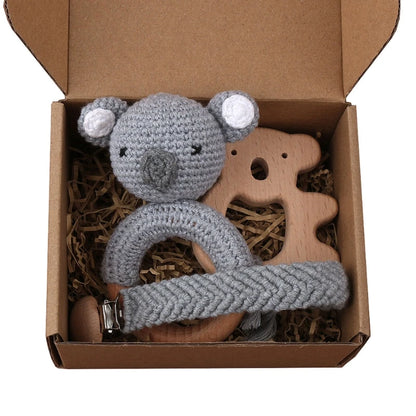 Crochet Bunny Baby Teether & Rattle Set | Beech Wooden Teething Ring + Pacifier Clip | Newborn Montessori Educational Toy