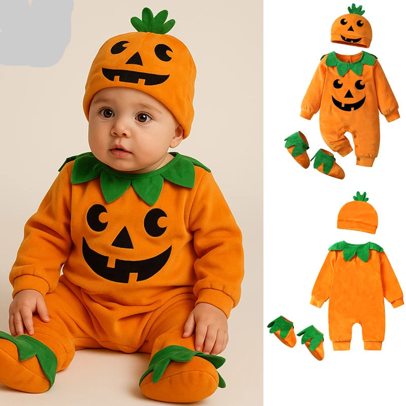 Baby Halloween Pumpkin Costume | Infant Romper 3PCS Onesie Outfit | Newborn Cosplay Party Clothing Set