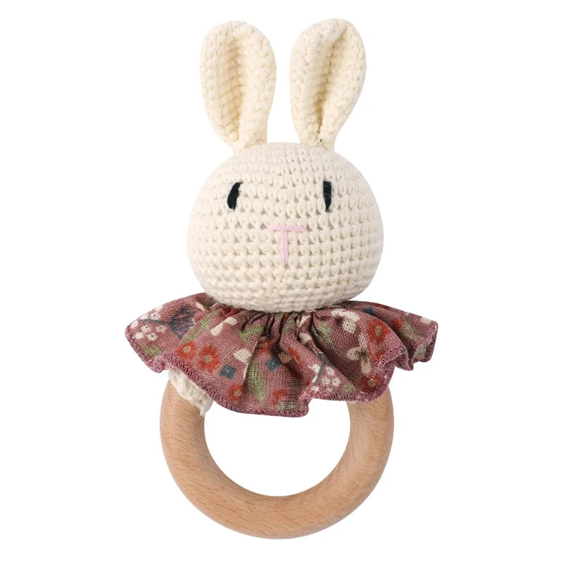 Crochet Bunny Baby Teether & Rattle Set | Beech Wooden Teething Ring + Pacifier Clip | Newborn Montessori Educational Toy