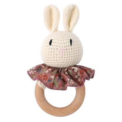 Crochet Bunny Baby Teether & Rattle Set | Beech Wooden Teething Ring + Pacifier Clip | Newborn Montessori Educational Toy
