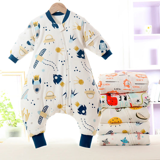 Baby Cartoon Split-Legged Sleepsack – Thickened Children’s Sleeping Bag with Detachable Sleeves for Boys & Girls, Autumn & Winter