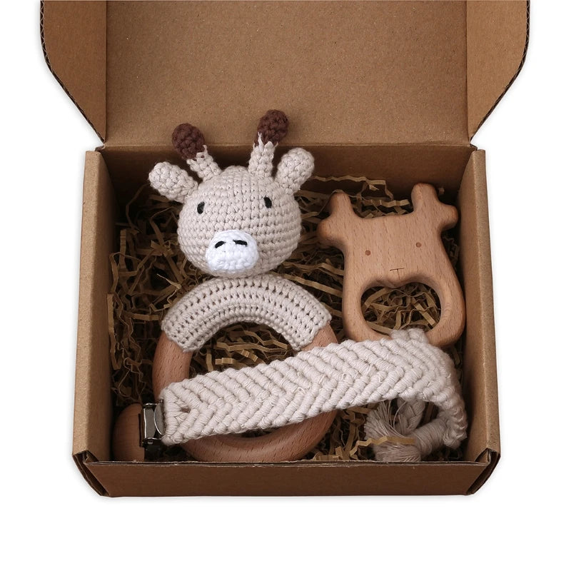 Crochet Bunny Baby Teether & Rattle Set | Beech Wooden Teething Ring + Pacifier Clip | Newborn Montessori Educational Toy