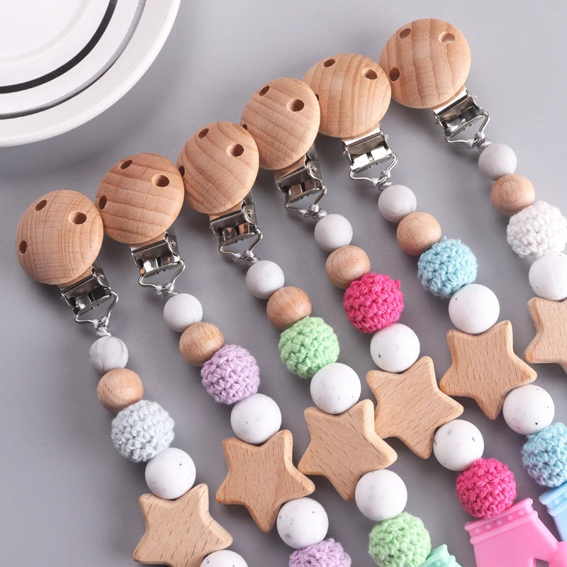Baby Pacifier Chain Clip | Wooden Pentagram Teether with Silicone Round Beads | Safe Teething Chain & Soother Holder