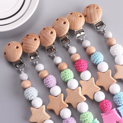 Baby Pacifier Chain Clip | Wooden Pentagram Teether with Silicone Round Beads | Safe Teething Chain & Soother Holder