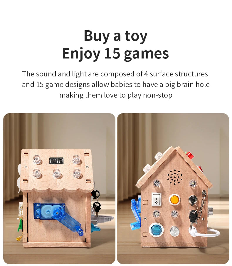 Montessori Busy House – Educational Wooden Activity Toy with Light Switches, Buttons & Music for 3-Year-Old Boys & Girls, Hands-On Learning Gift