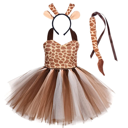 Baby Girls Halloween Animal Cosplay Costume | Kids Forest Theme Giraffe, Cow, Tiger, Leopard, Zebra Tutu Dress | Birthday & Party Outfit