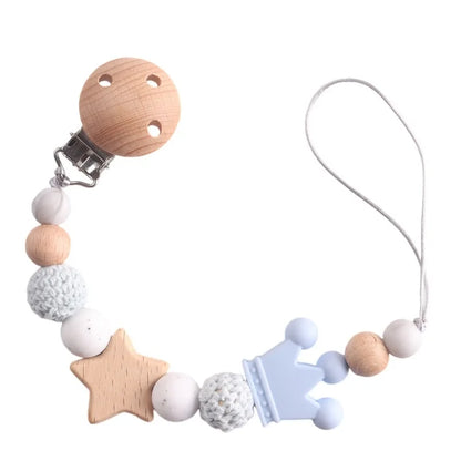 Baby Pacifier Chain Clip | Wooden Pentagram Teether with Silicone Round Beads | Safe Teething Chain & Soother Holder