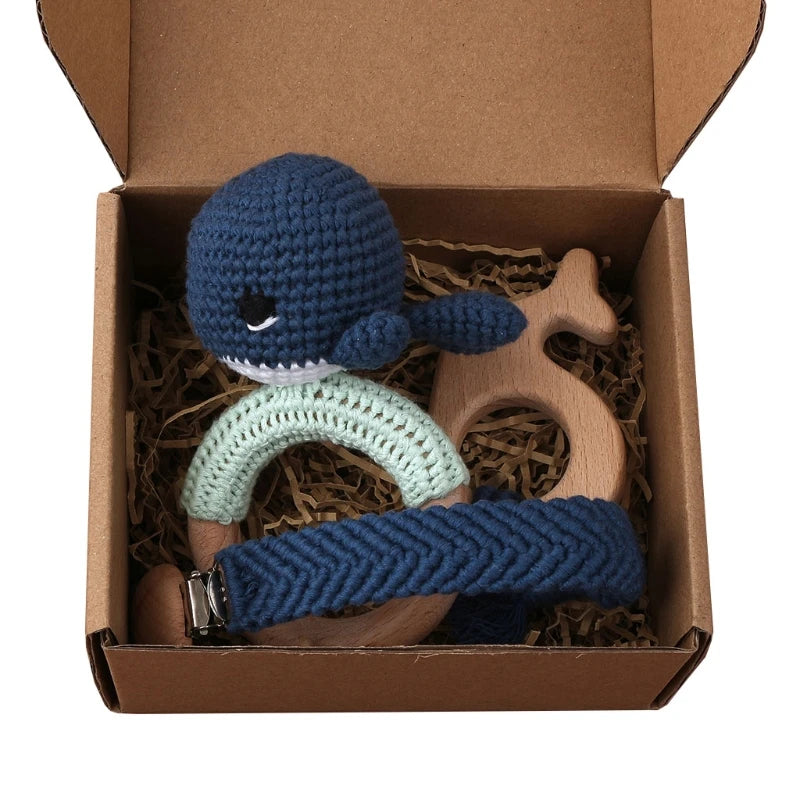 Crochet Bunny Baby Teether & Rattle Set | Beech Wooden Teething Ring + Pacifier Clip | Newborn Montessori Educational Toy