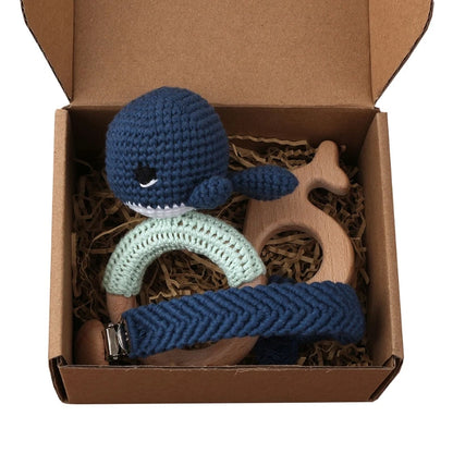 Crochet Bunny Baby Teether & Rattle Set | Beech Wooden Teething Ring + Pacifier Clip | Newborn Montessori Educational Toy